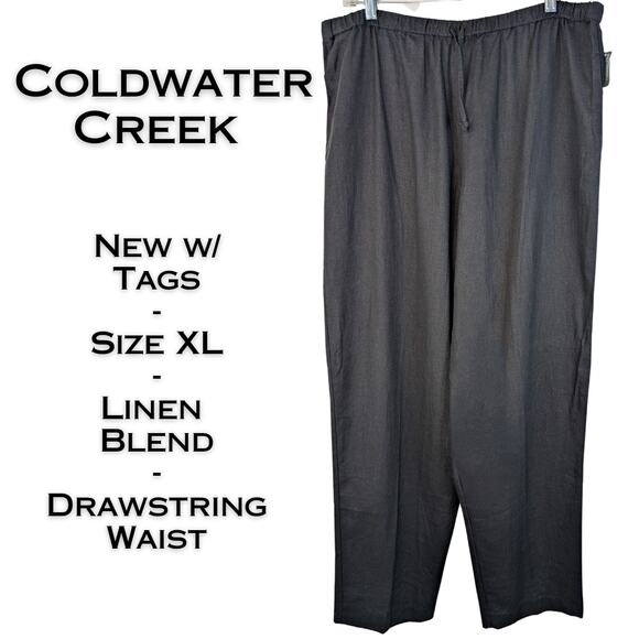 NEW Coldwater Creek Pants XL Black Linen Blend High Rise Drawstring Flowy Comfy - Picture 1 of 9